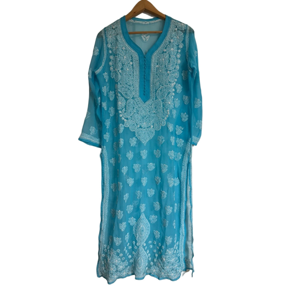 Lucknowi Chikankari Georgette Hand Embroidered Size 42 Woman Lady Kurta NEW